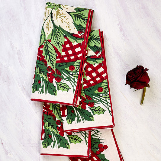 April Cornell Printed Napkins Set of 4 | Christmas Cottage Ecru