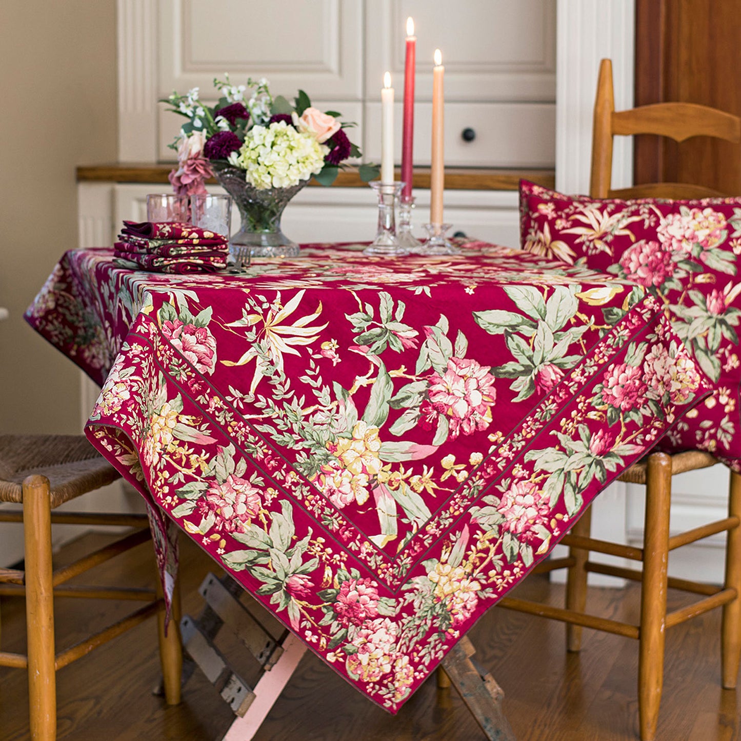 April Cornell Cotton Tablecloth | Cranberry Hydrangea, Designed Canada