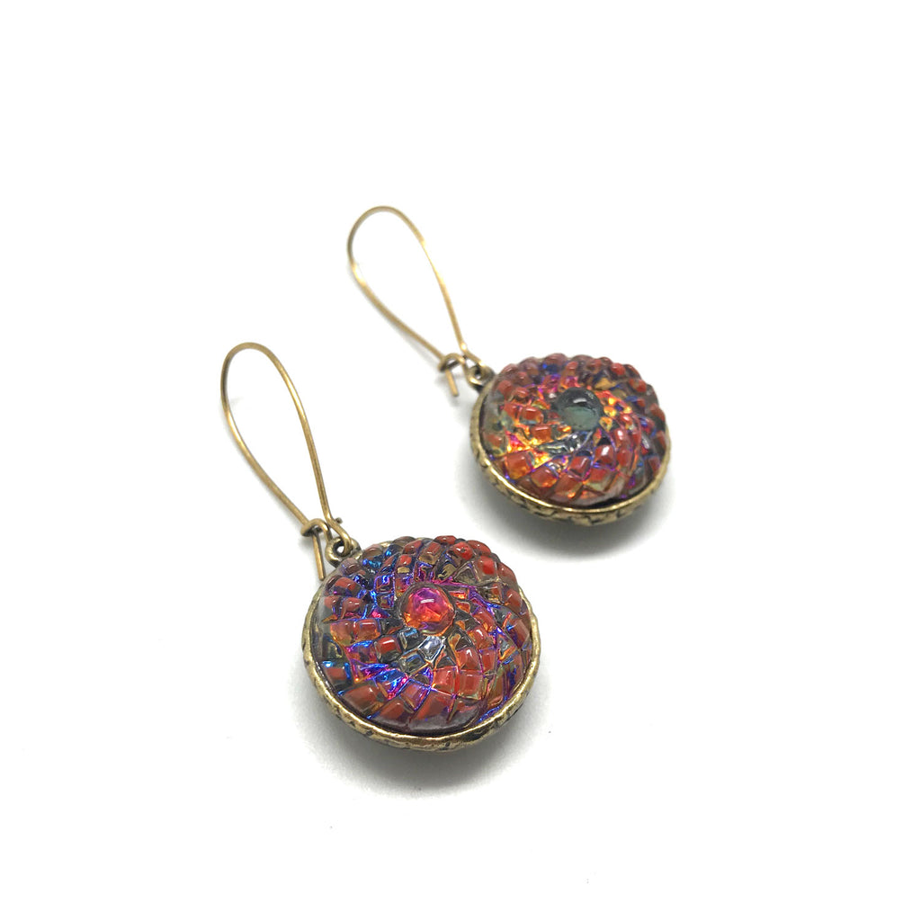 Dangle Earrings - Iridescent Multi-Colour Czech Glass Buttons 