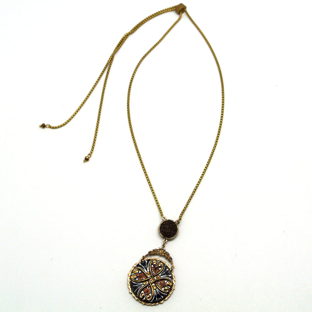 Necklace - Large Multi-Colored, Hand-Pressed Czech Glass Button 