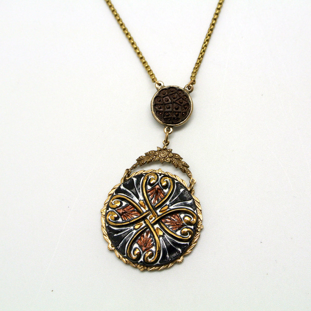 Necklace - Large Multi-Colored, Hand-Pressed Czech Glass Button 