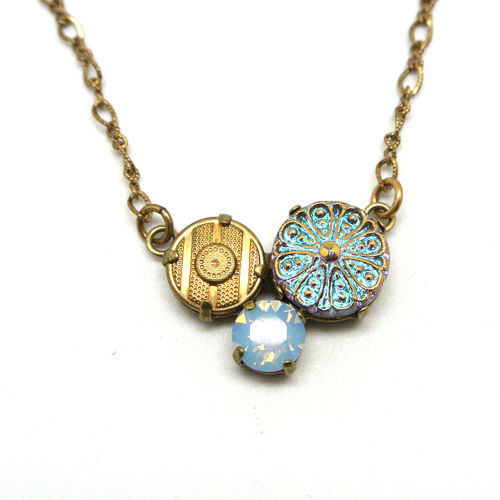 Necklace - Antique Button, Czech Hand-Pressed Glass & Crystal Opal