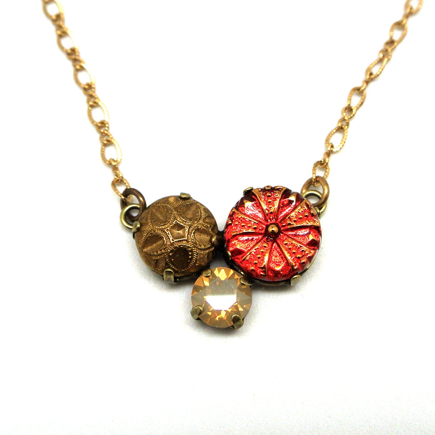 Necklace - Antique Button, Czech Hand-Pressed Glass & Crystal Opal
