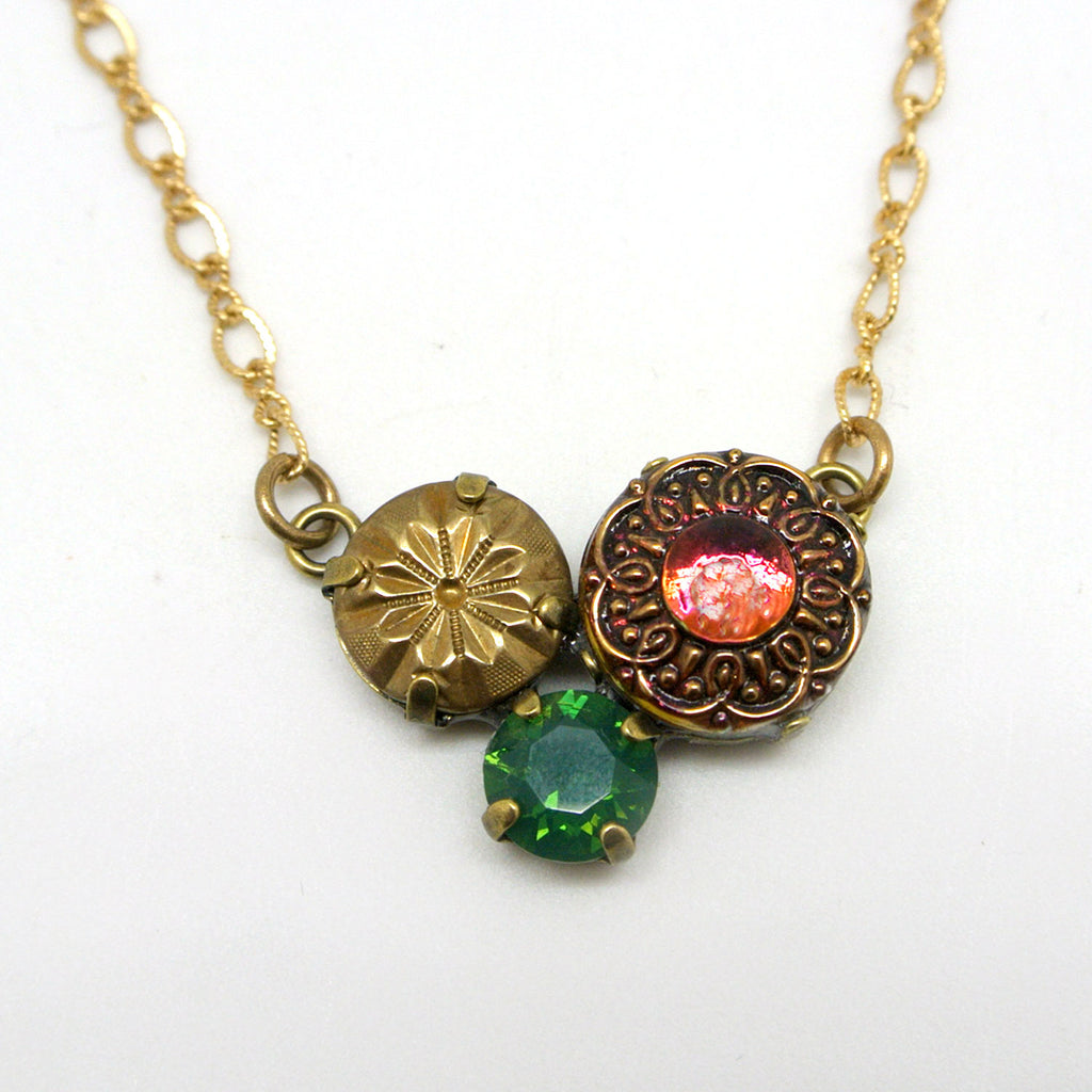 Necklace - Antique Button, Czech Hand-Pressed Glass & Crystal Opal