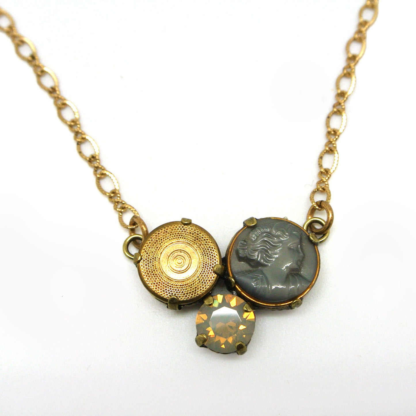Necklace - Antique Button, Czech Hand-Pressed Glass & Crystal Opal