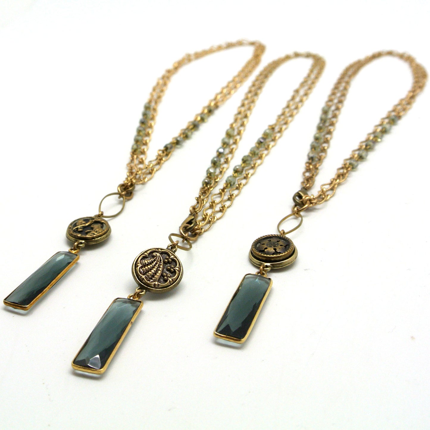 Necklace - Labradorite Glass Drop & Victorian-Era Antique Button