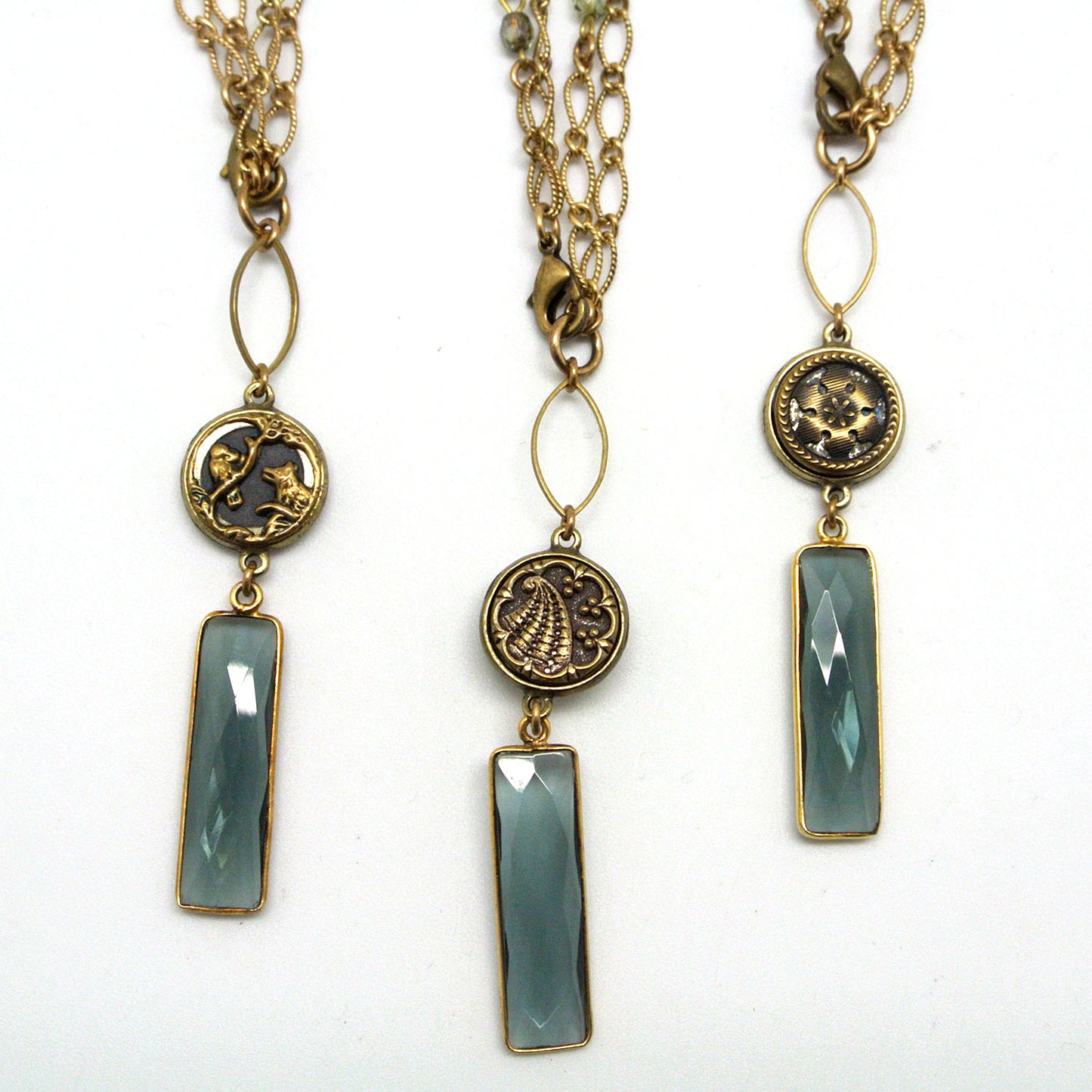 Necklace - Labradorite Glass Drop & Victorian-Era Antique Button