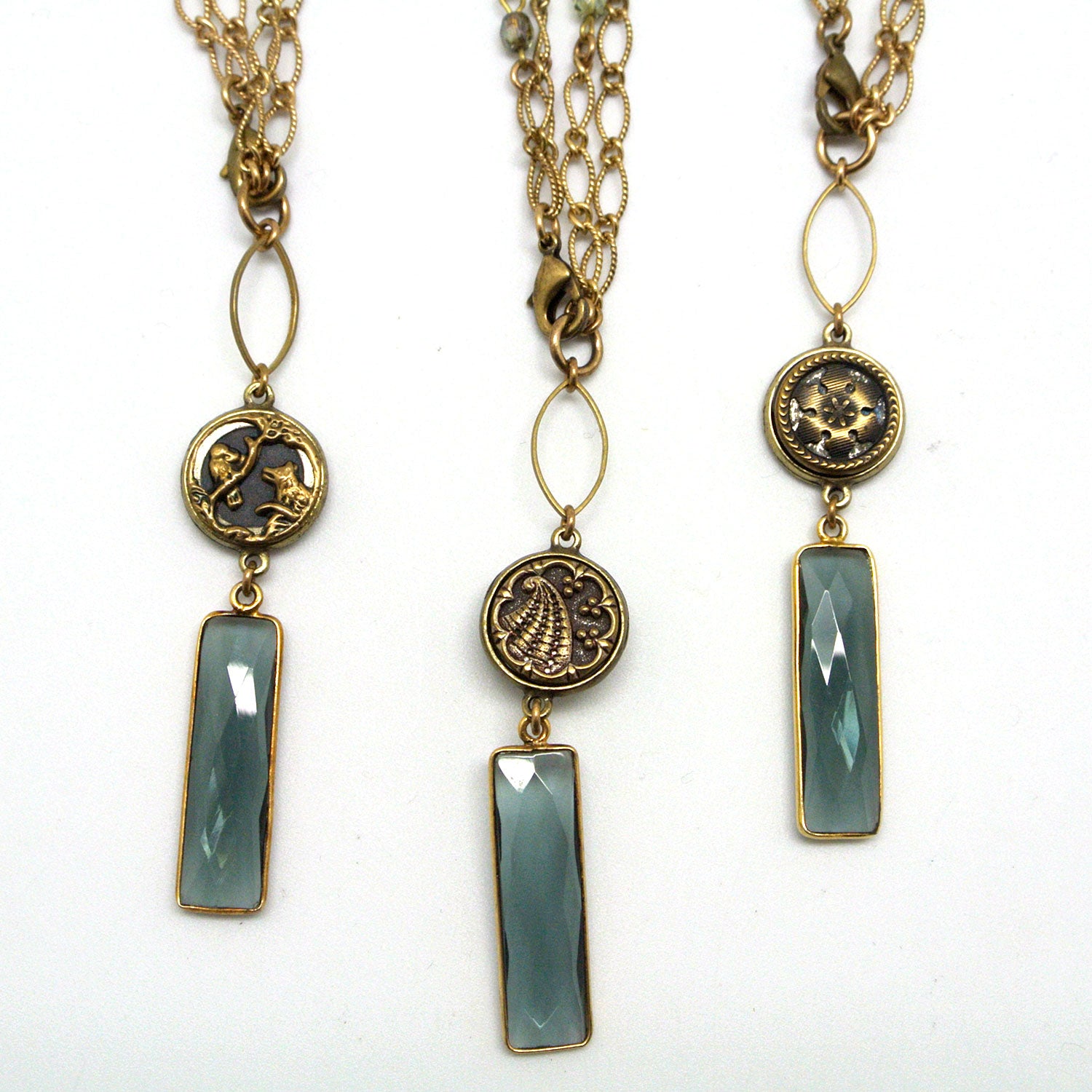 Necklace - Labradorite Glass Drop & Victorian-Era Antique Button