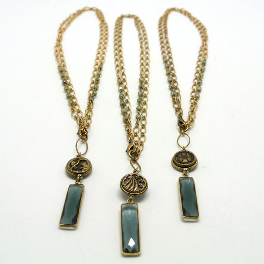 Necklace - Labradorite Glass Drop & Victorian-Era Antique Button