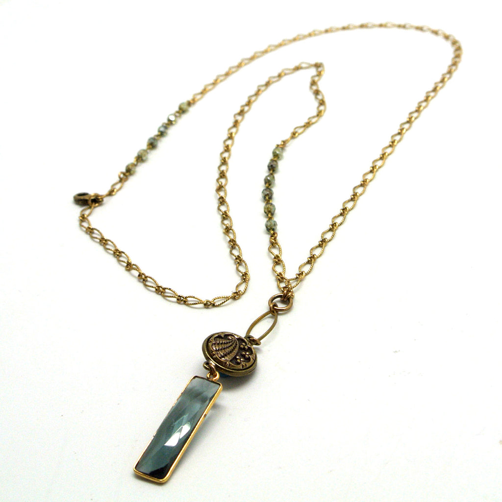 Necklace - Labradorite Glass Drop & Victorian-Era Antique Button