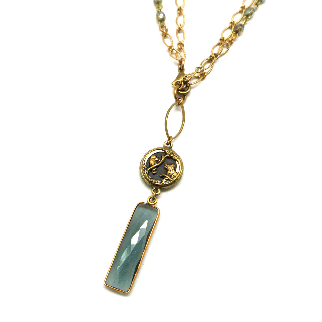 Necklace - Labradorite Glass Drop & Victorian-Era Antique Button