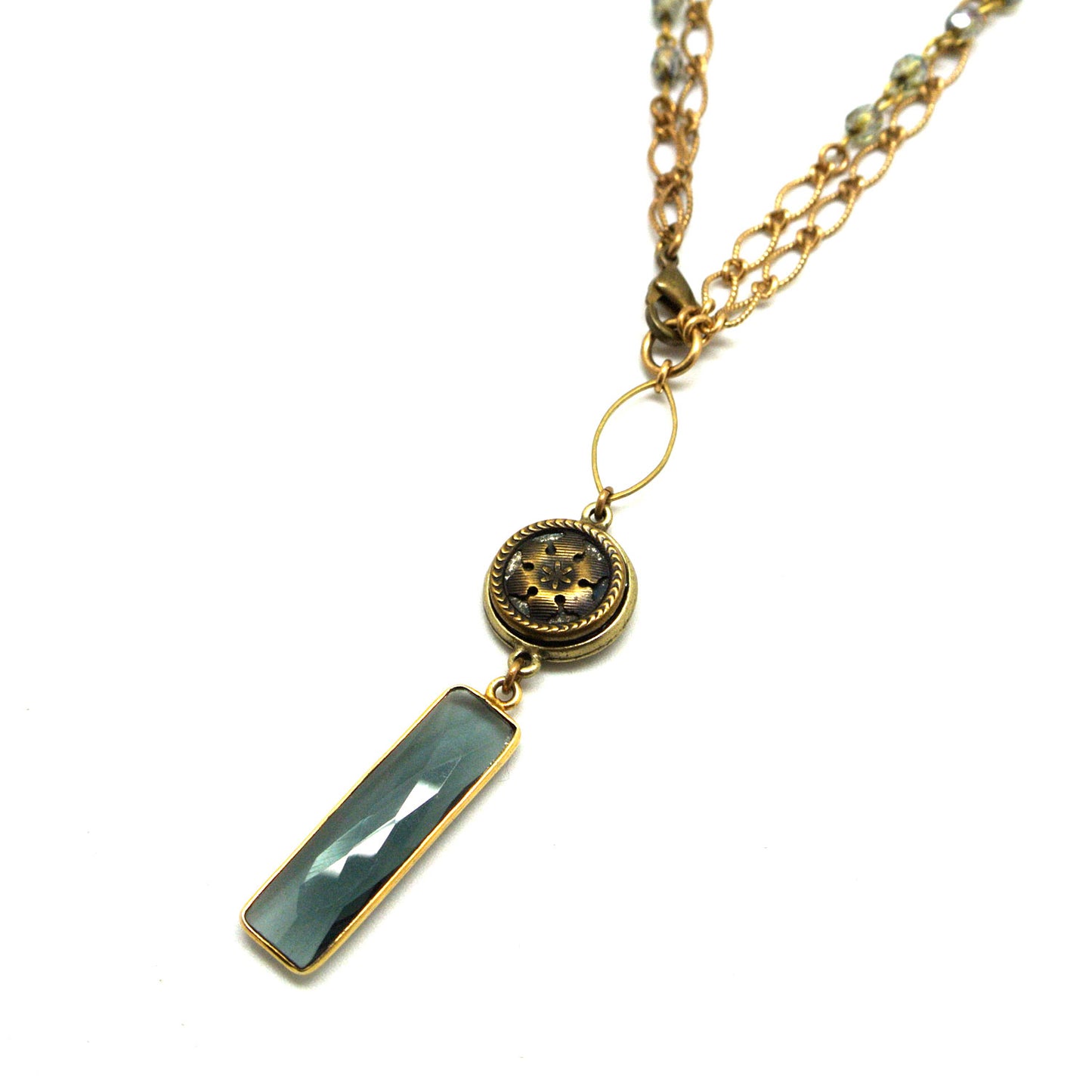 Necklace - Labradorite Glass Drop & Victorian-Era Antique Button