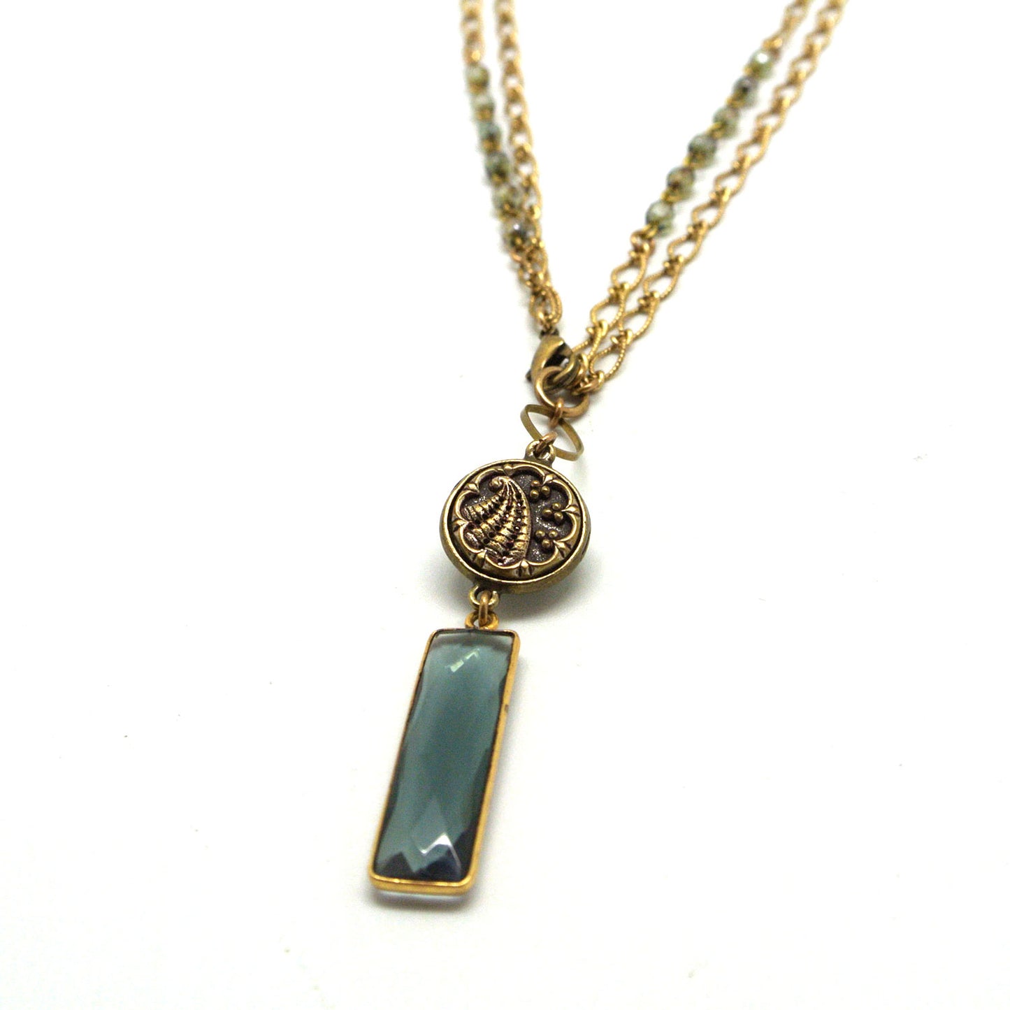 Necklace - Labradorite Glass Drop & Victorian-Era Antique Button