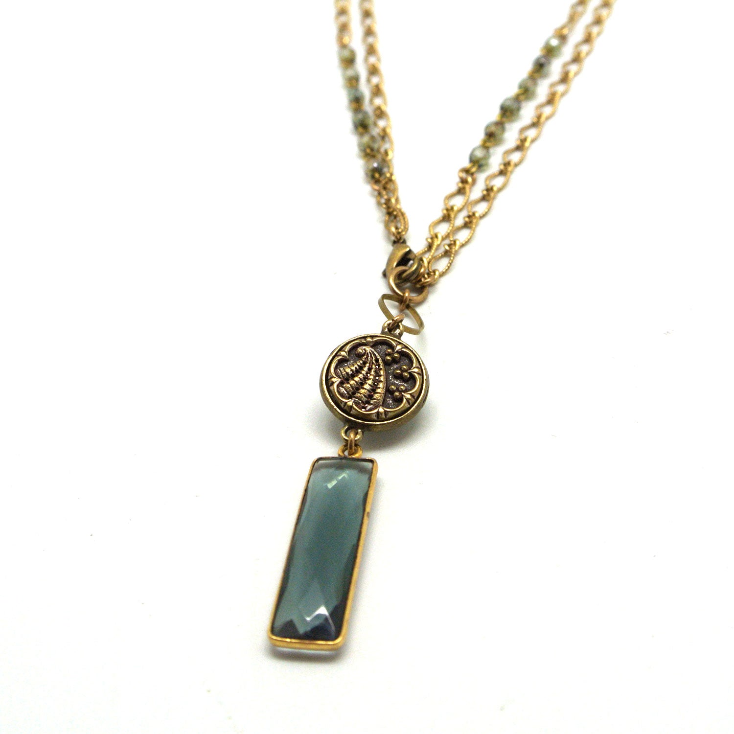 Necklace - Labradorite Glass Drop & Victorian-Era Antique Button