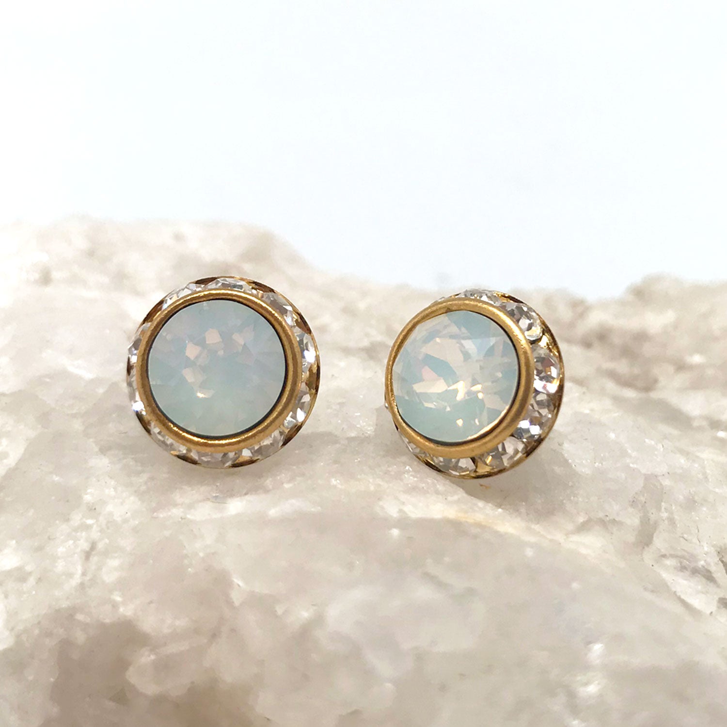 Handmade Stud Earrings - Opal Czech Glass With Crystals