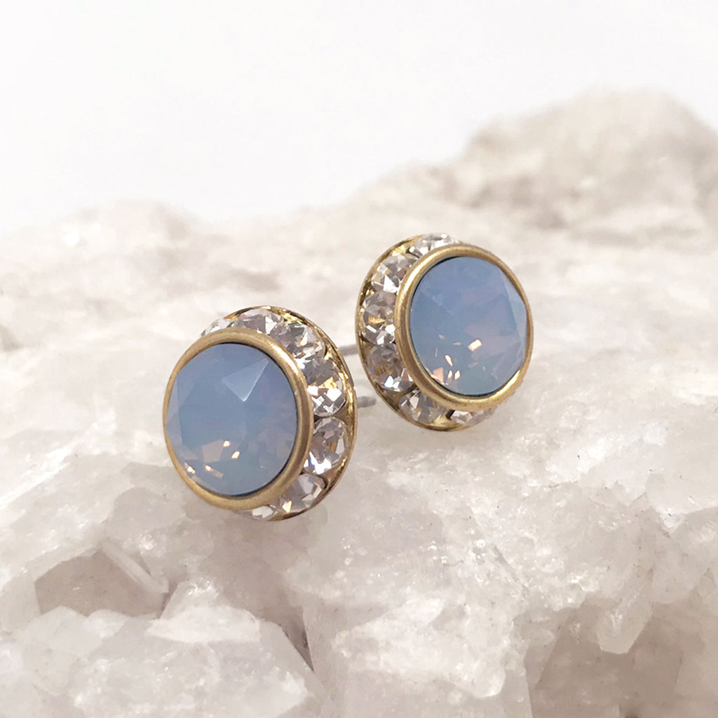 Handmade Stud Earrings - Opal Czech Glass With Crystals