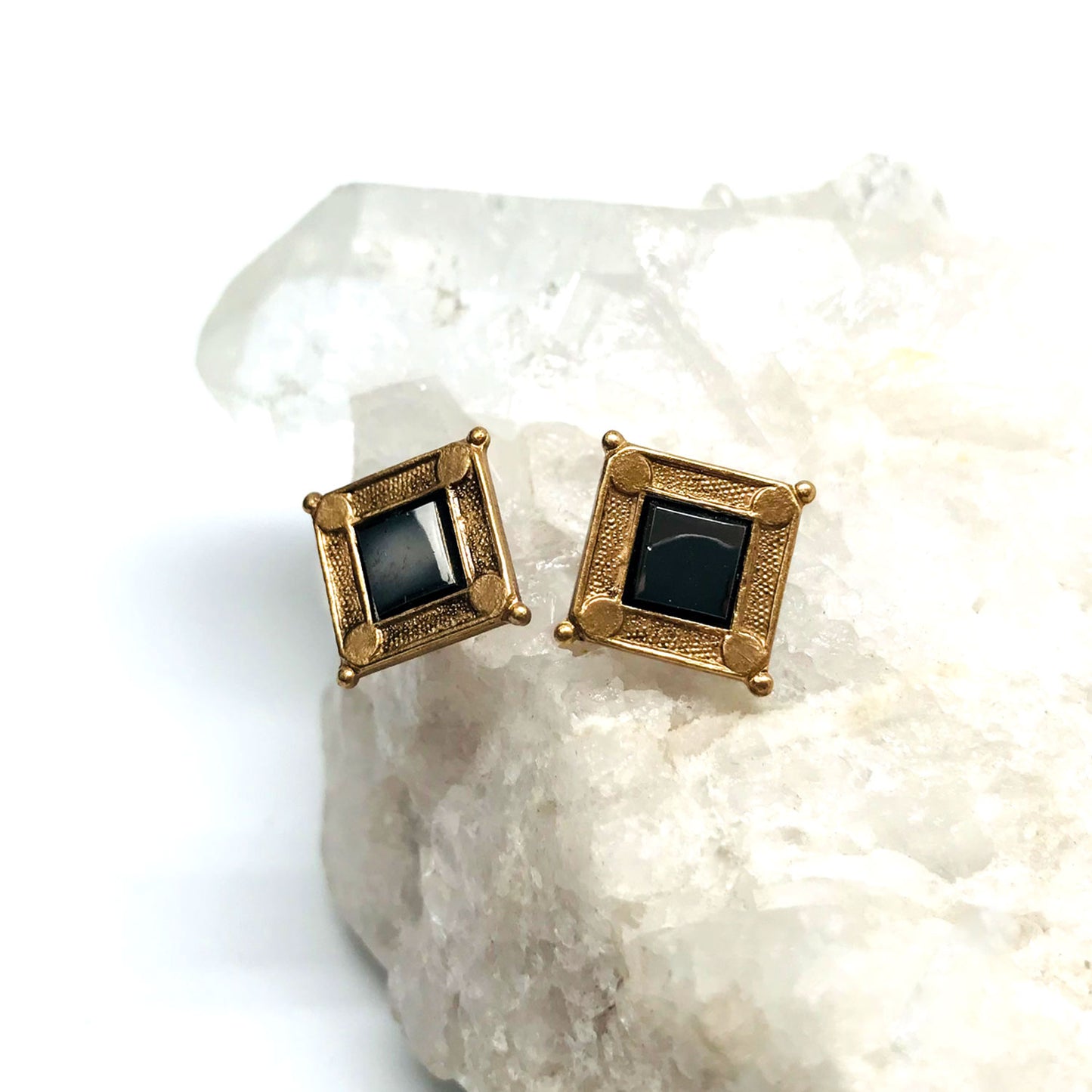 Handmade Stud Earrings - Jet Hematite Czech Glass Squares