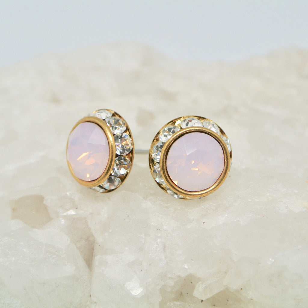 Handmade Stud Earrings - Opal Czech Glass With Crystals