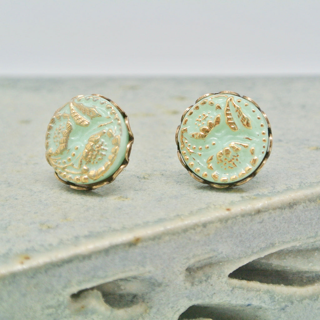 Grandmother's Buttons Earring Studs Petit Bohemia Mint Green at Twang and Pearl