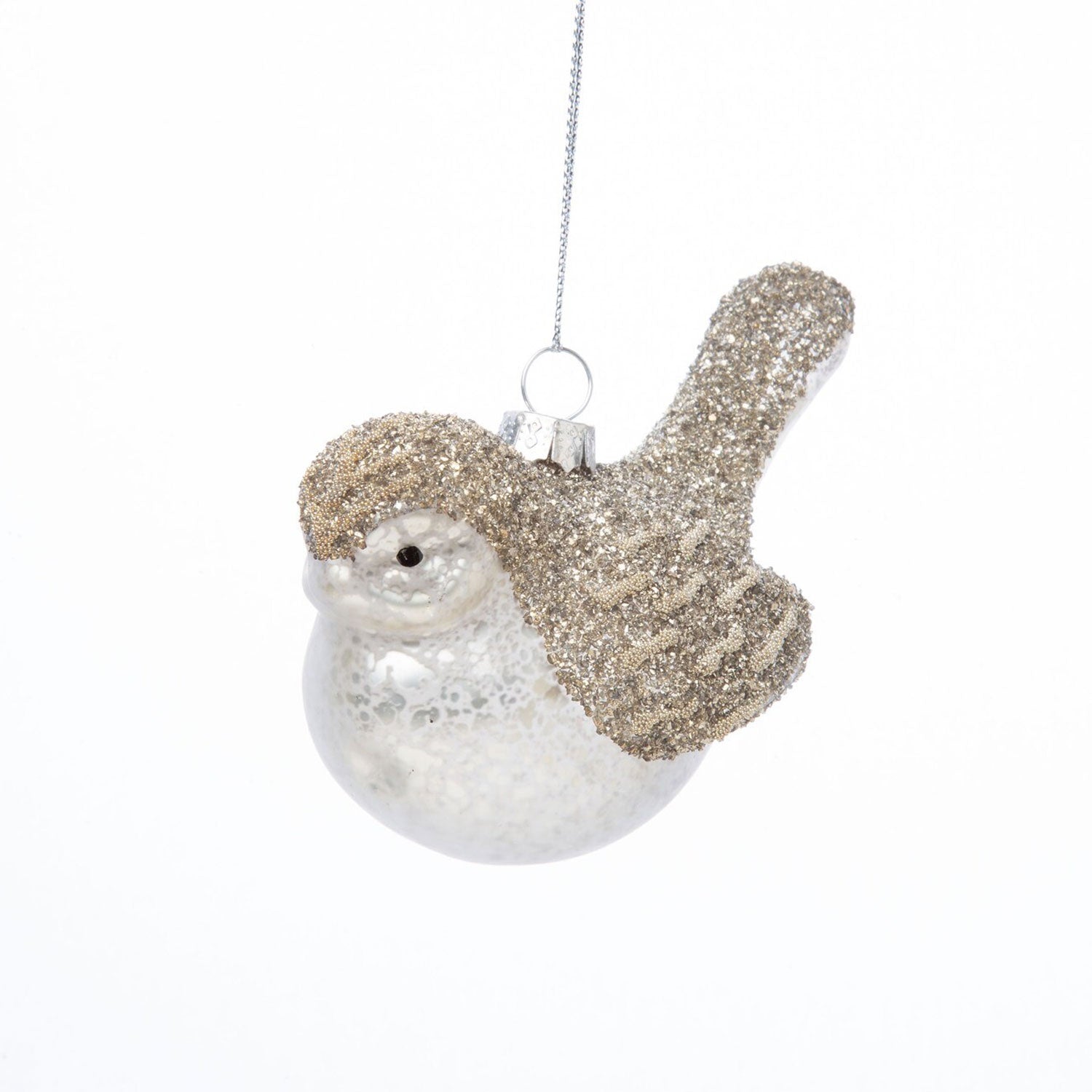 Antiqued Glass and Bead Bird Ornament | Silver