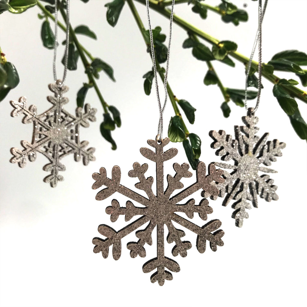 Wood Glitter Snowflake Ornament | Silver