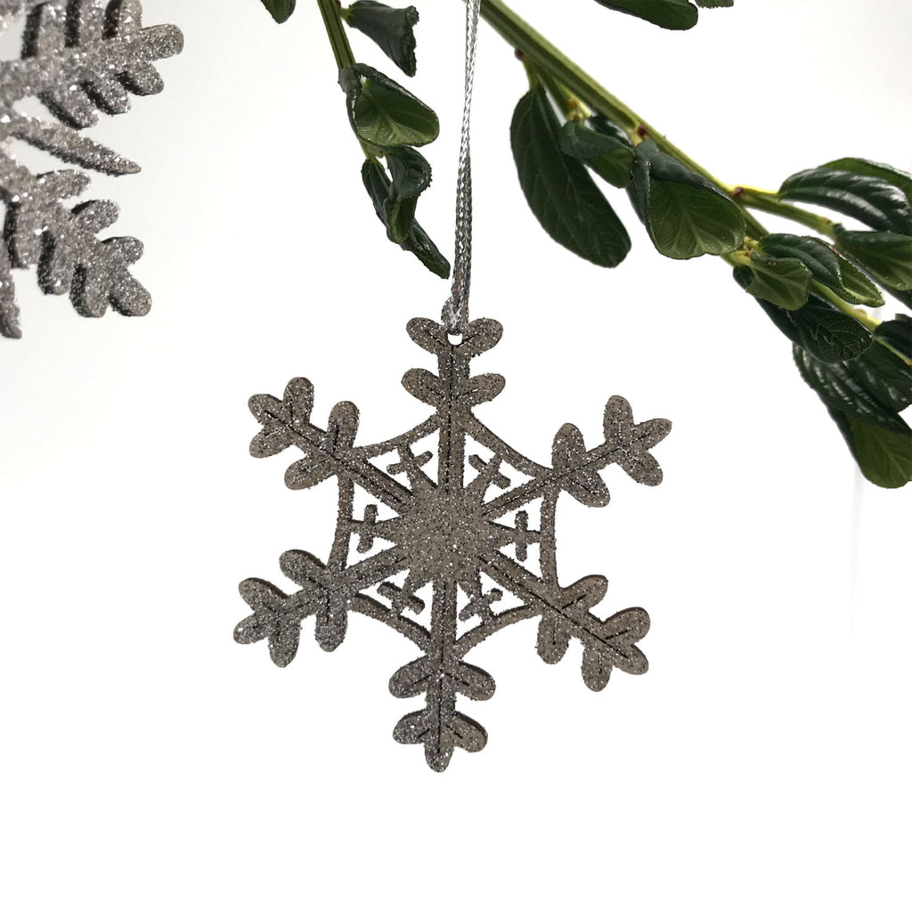 Wood Glitter Snowflake Ornament | Silver