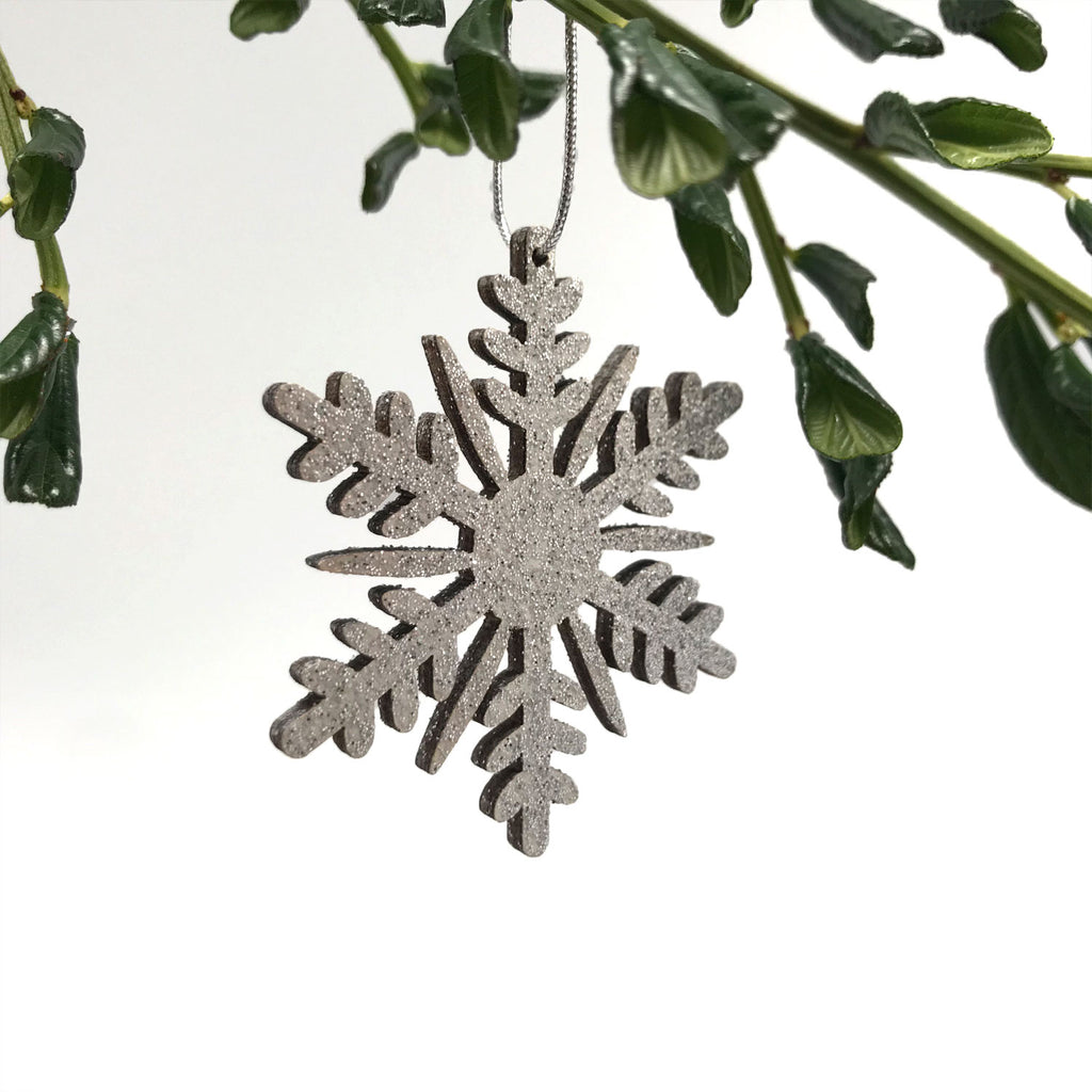 Wood Glitter Snowflake Ornament | Silver