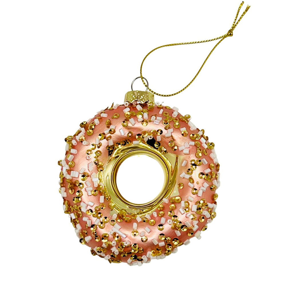 Glass Ornament | Pink Donut | Gold and White