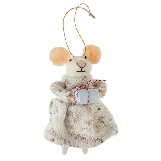 Mouse Ornament Gift Giving Tatjana, Felted Wool & Polyester | White
