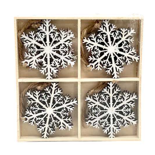 Wooden Snowflake Ornament White Glitter | Set of 8
