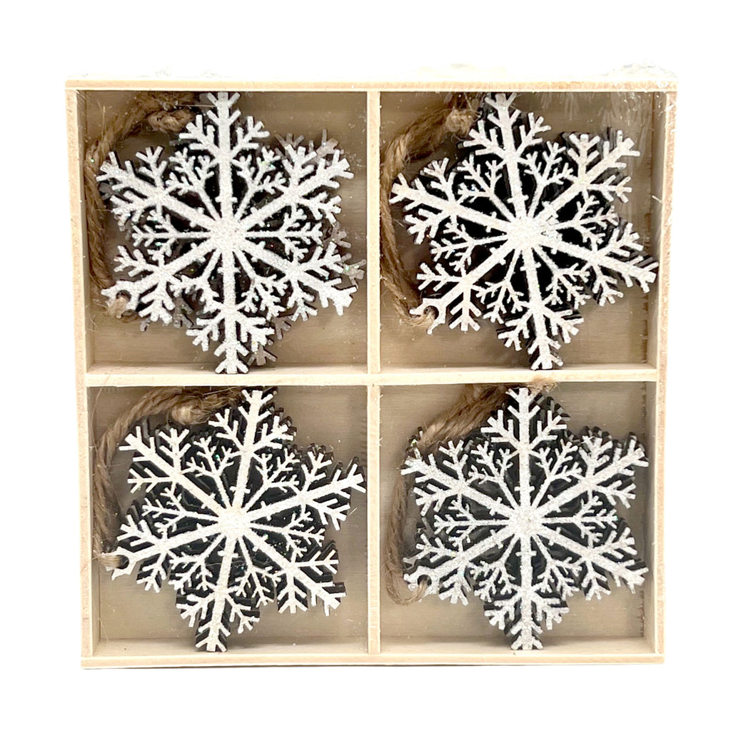 Wooden Snowflake Ornament White Glitter | Set of 8