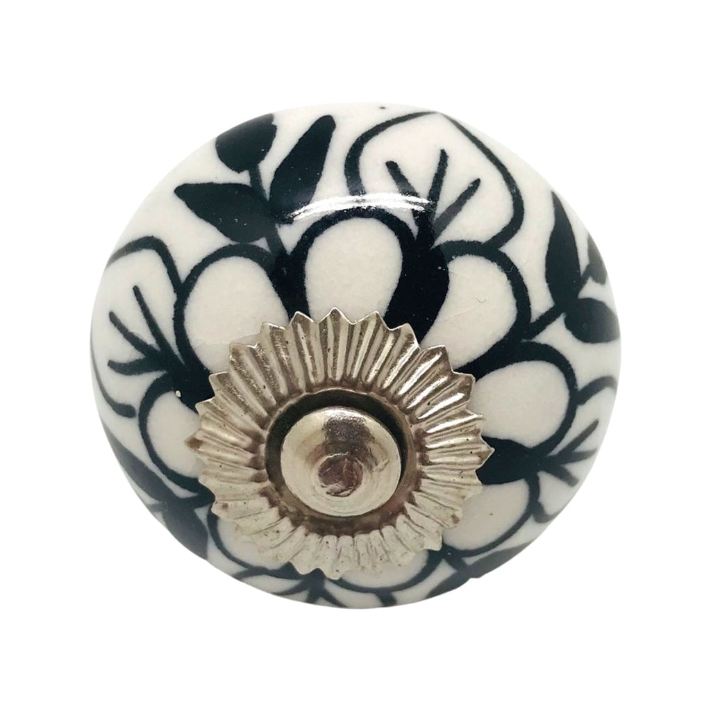 Ceramic Dresser Knob | Black Flower, Made & Hand Painted in India