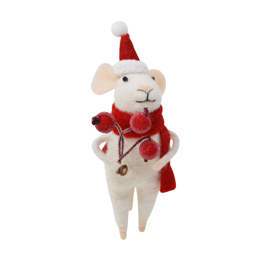 Mouse Ornament Festive Freddie, Wool & Polyester | White, Red Scarf