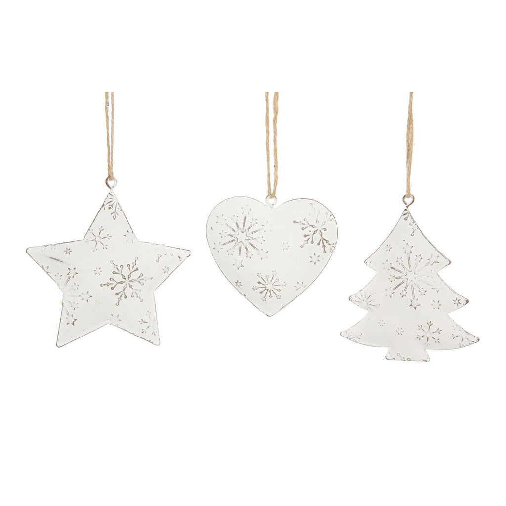 Stamped Metal Ornaments, Heart, Tree, Star | White