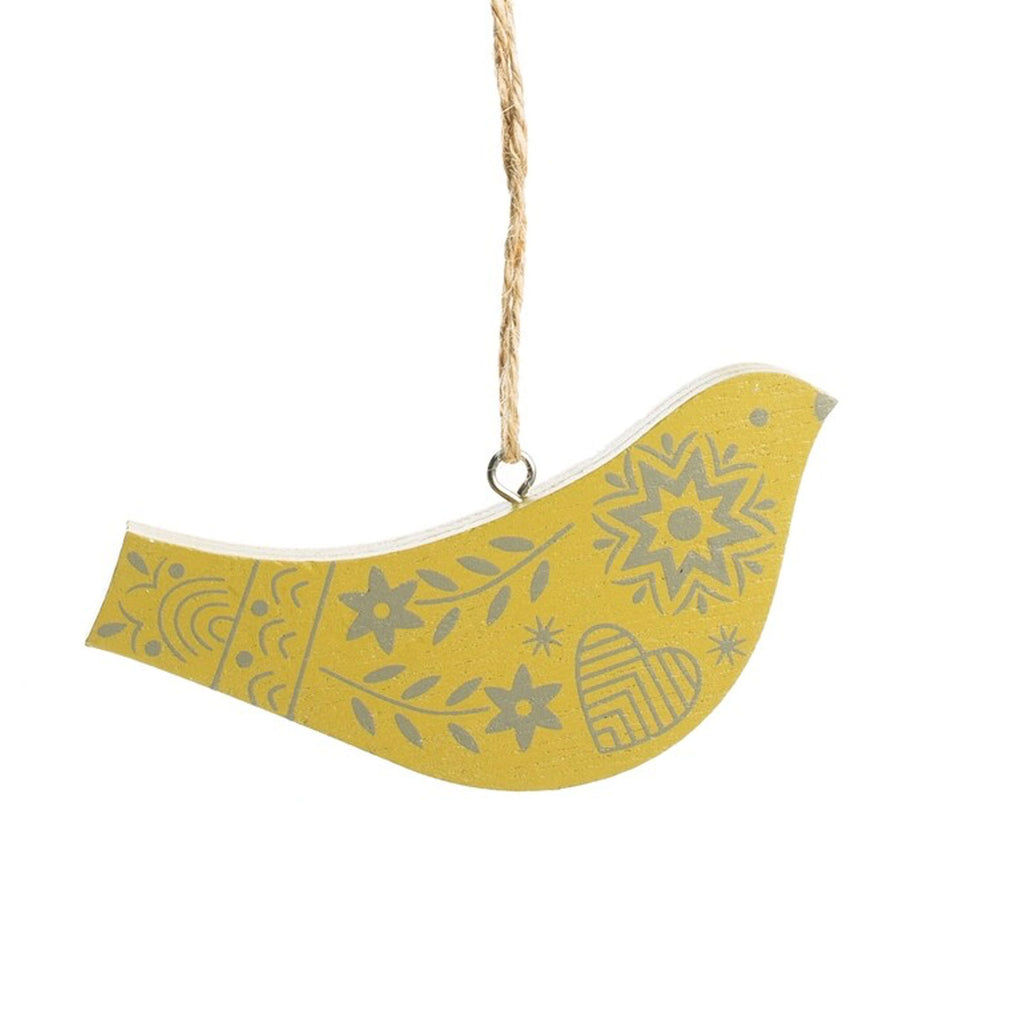 Printed Wood Bird Ornaments | Yellow