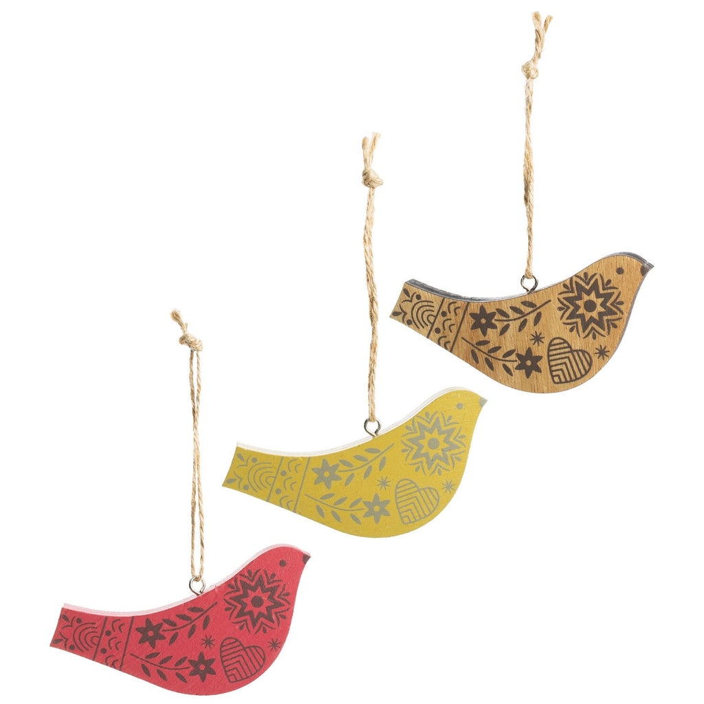 Printed Wood Bird Ornaments, 3 Colours | Multi Colour