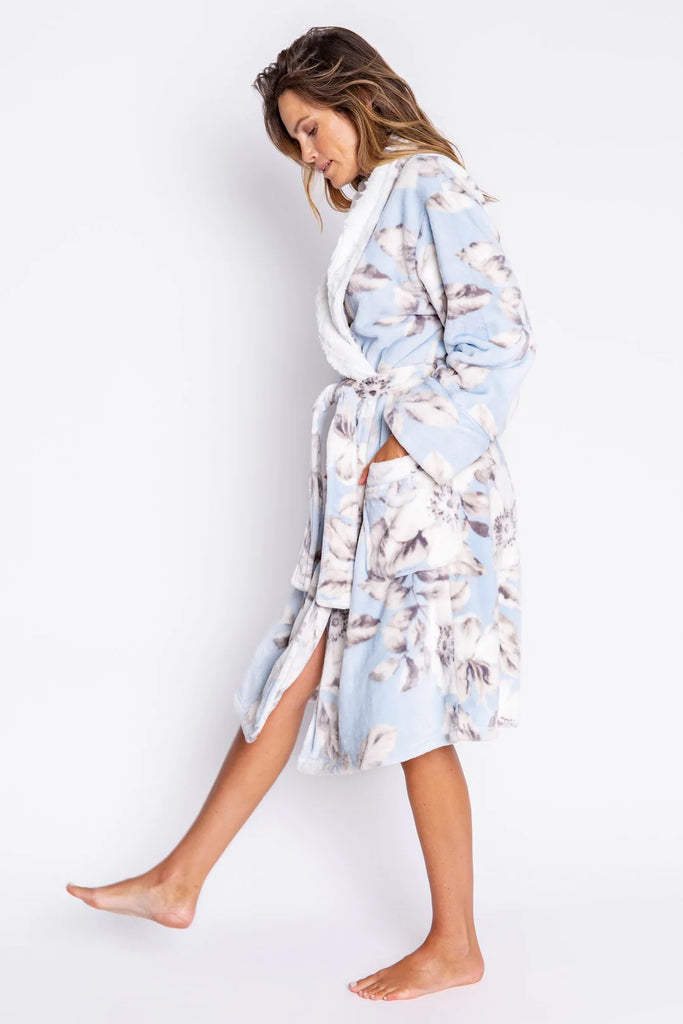 PJ Salvage Luxe Plush Floral Robe - Blue Frost, Designed in the USA
