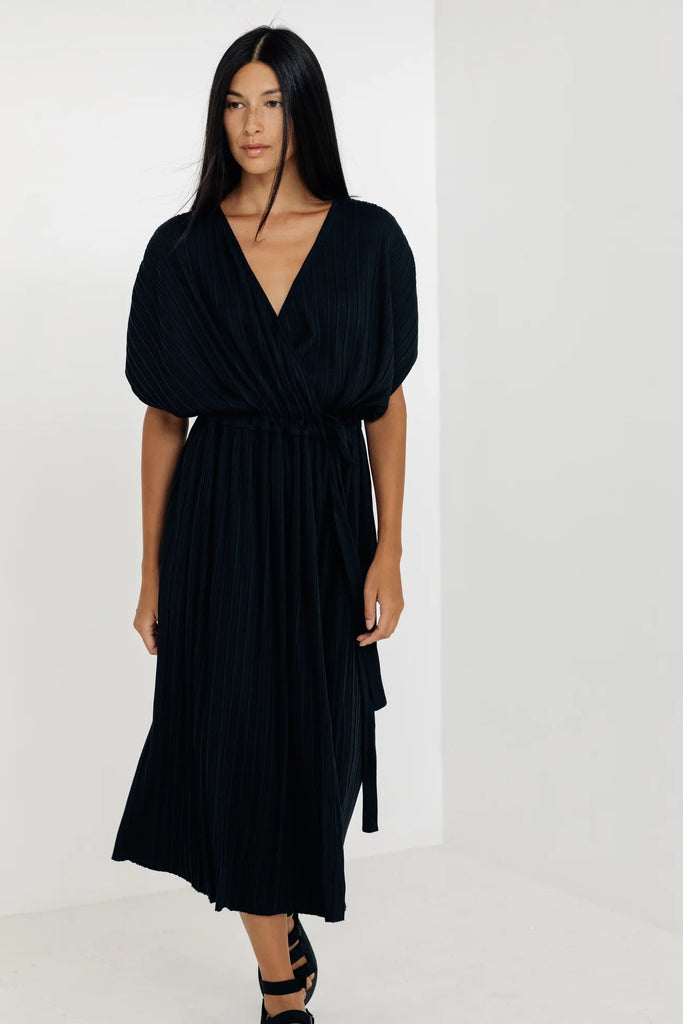 Paper Label Mimi Pleated Wrap Dress | Black, Designed in Canada