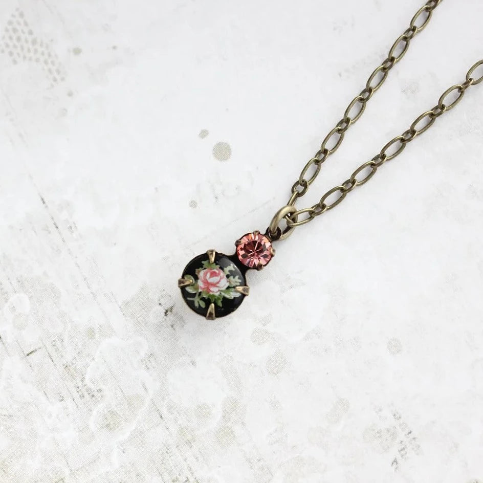 A Pocket of Posies | Vintage Glass Pendant Necklace | Black Cameo