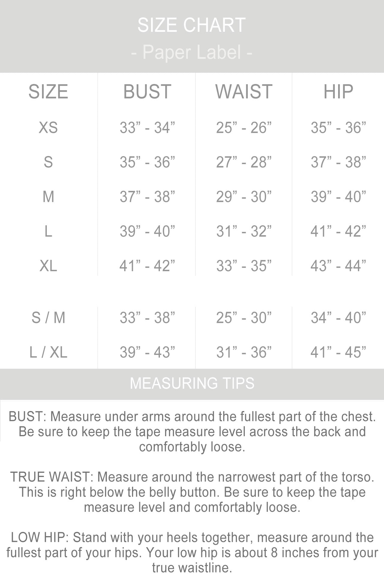 Paper Label Size Chart
