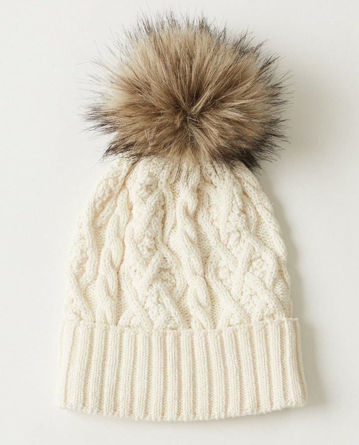 Parkhurst Cable Hat with Faux Fur Pom | Natural