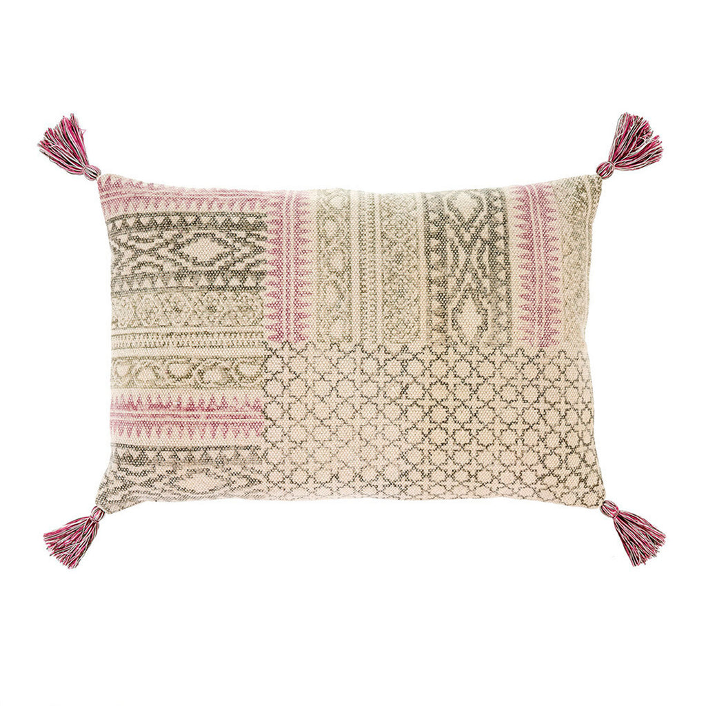 Rosa Block Print Cotton Pillow | Pink & Grey 