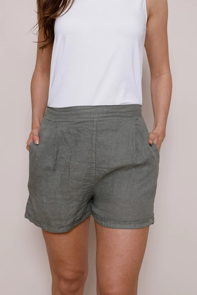 Suzy D London Shelby Linen Shorts | Light Khaki, Made in Italy