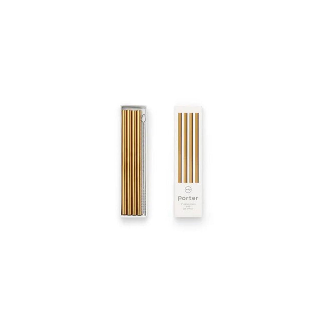 W&P Designs 4 Metal Straws w/ Cleaning Brush 5" | Gold 